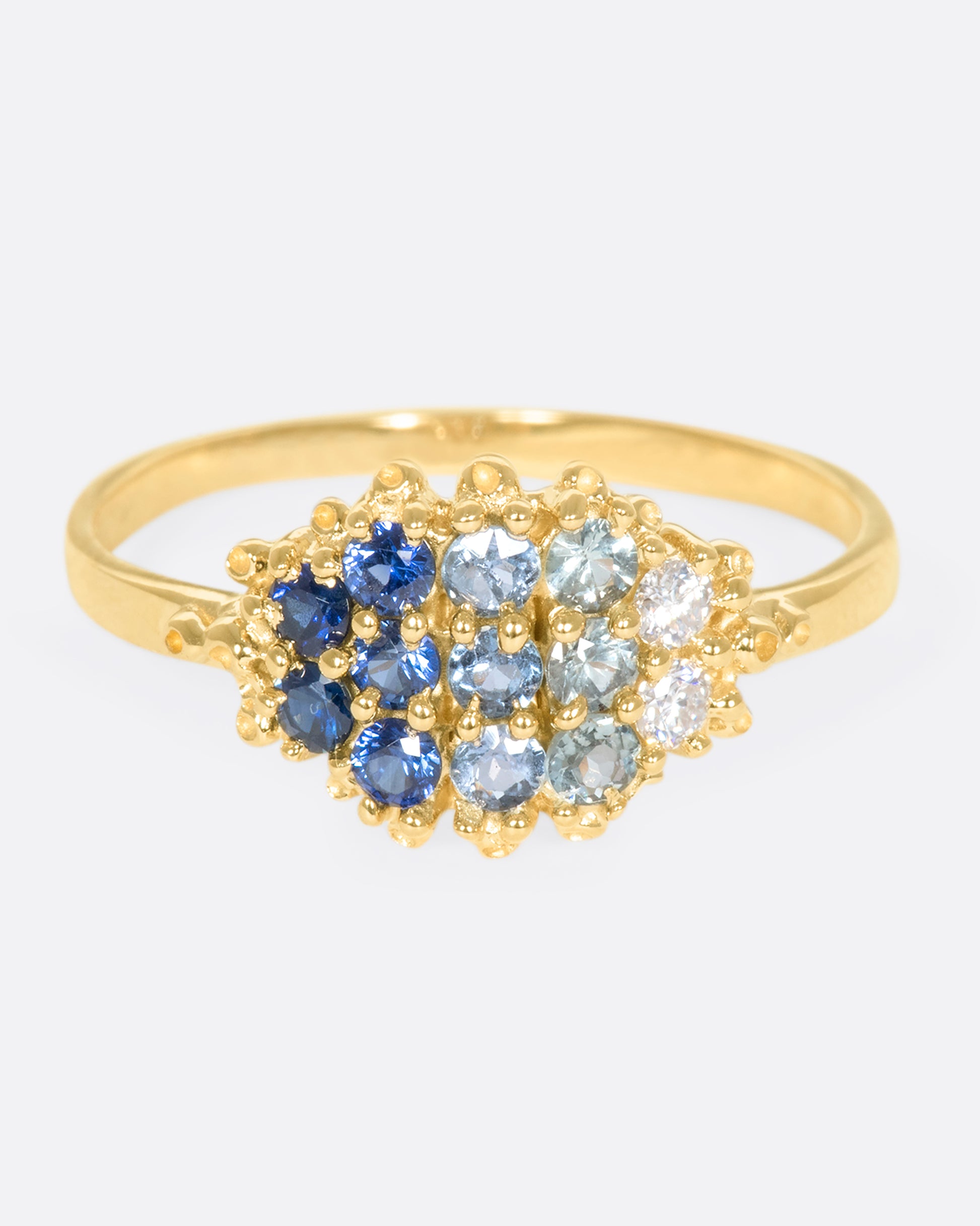 A view of the face of a yellow gold ring with 12 sapphires in a range of blue shades.