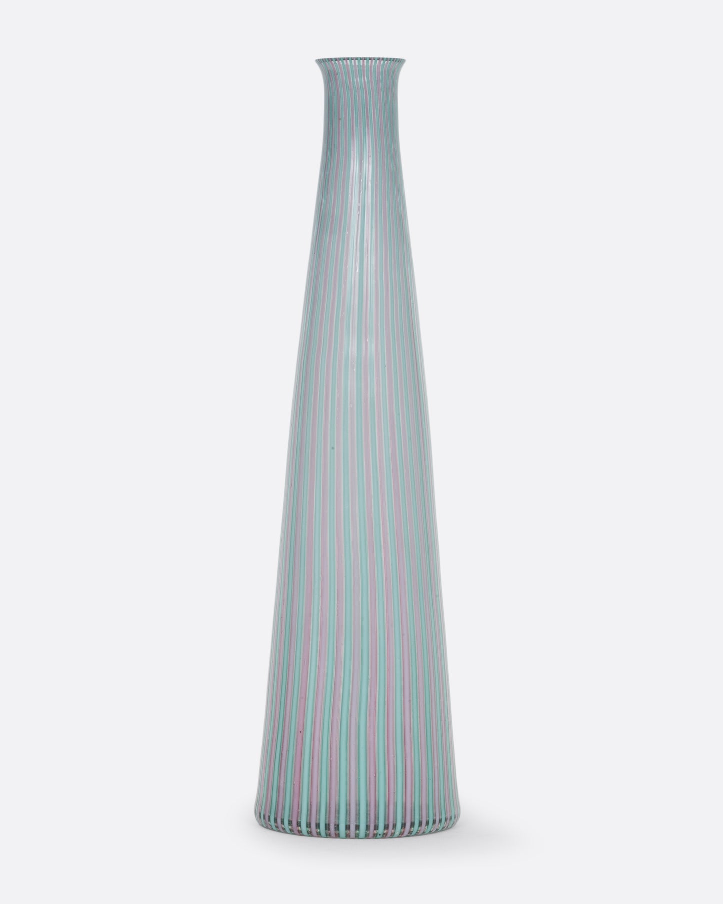 A tall pink and blue Murano glass pinstriped vase. Shown from the front.