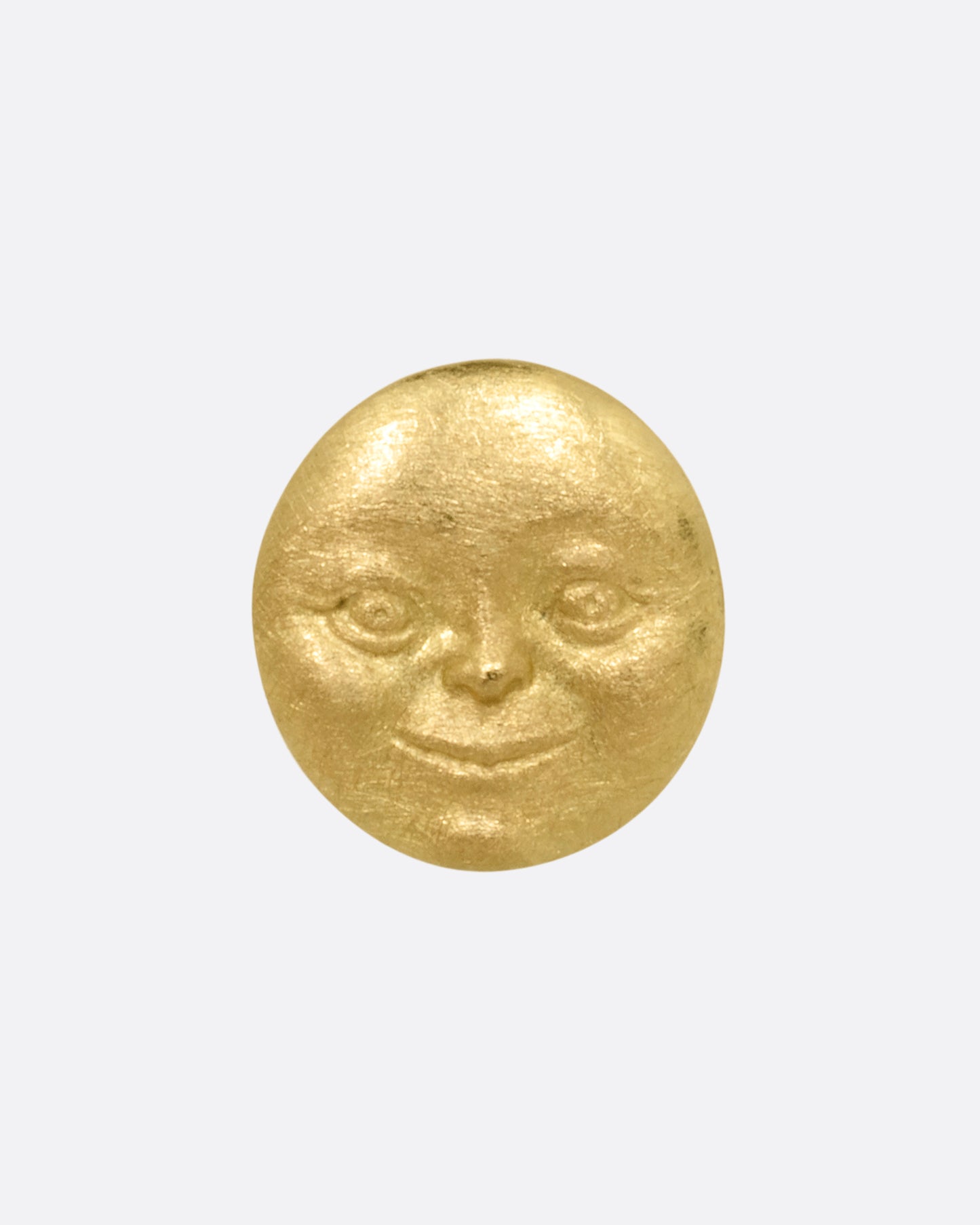 A yellow gold moon face stud earring. Shown from the front.