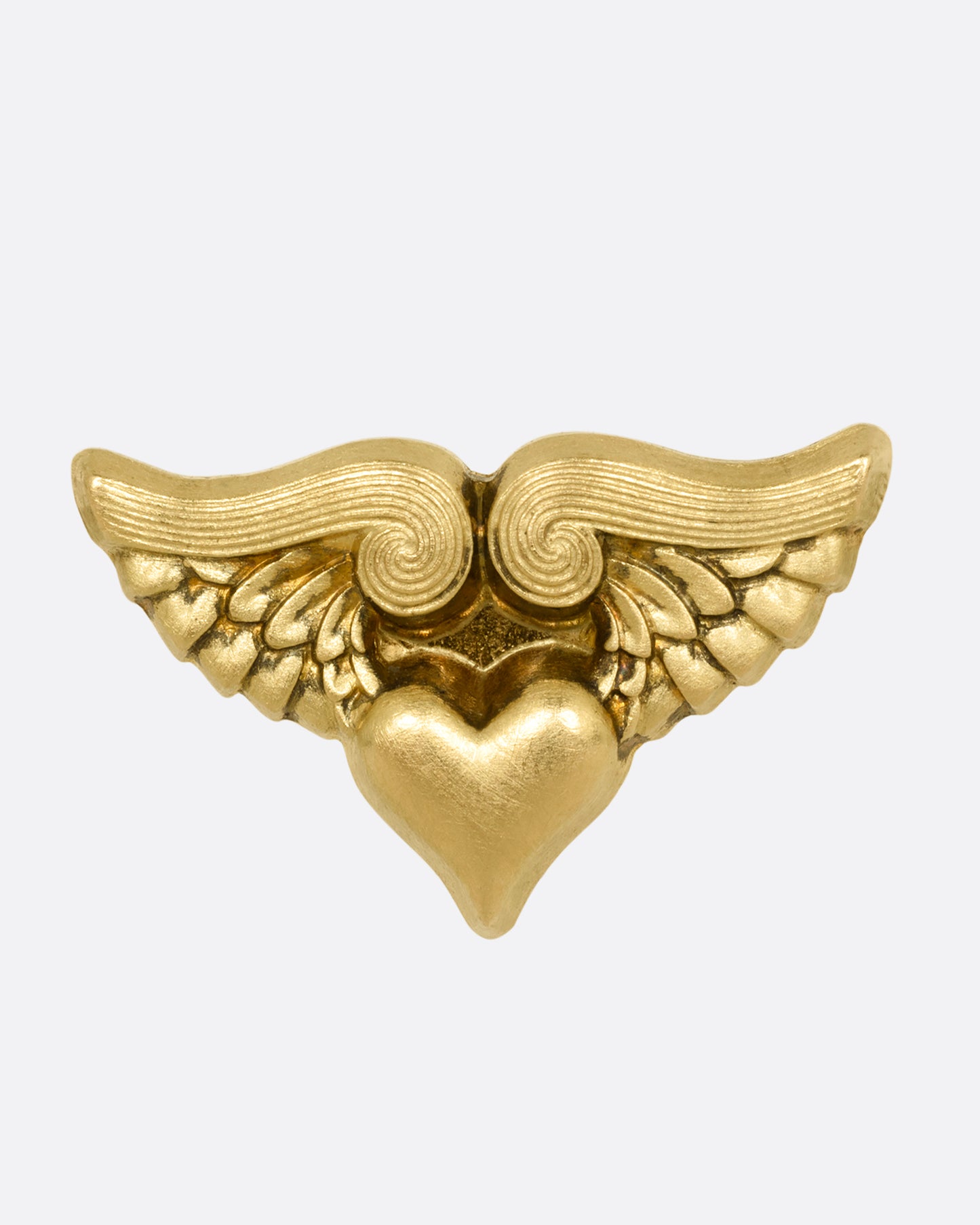 A yellow gold stud earring with a heart with wings. Shown from the front.