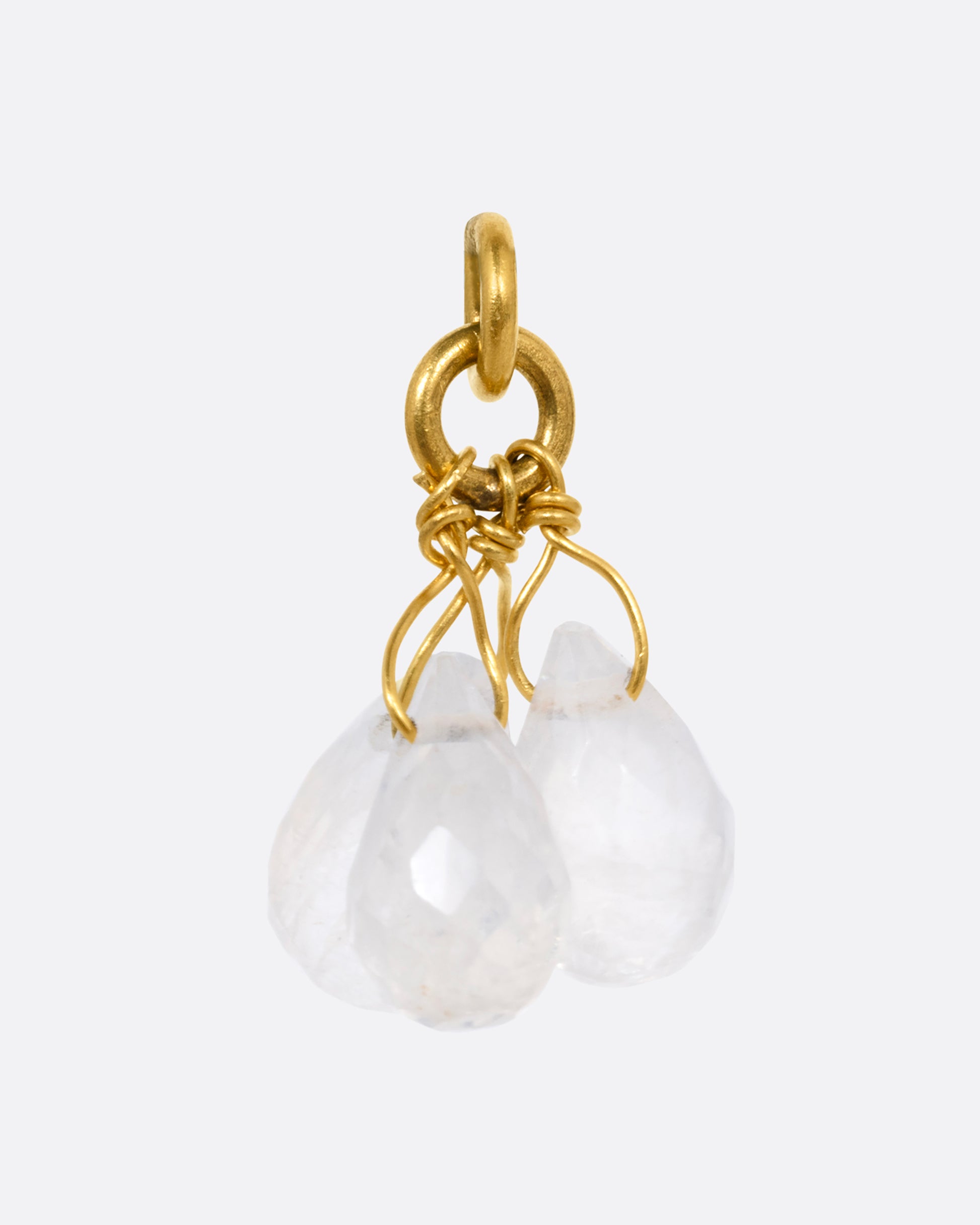 A yellow gold earring dangle with a trio of moonstone briolettes, shown from the front.