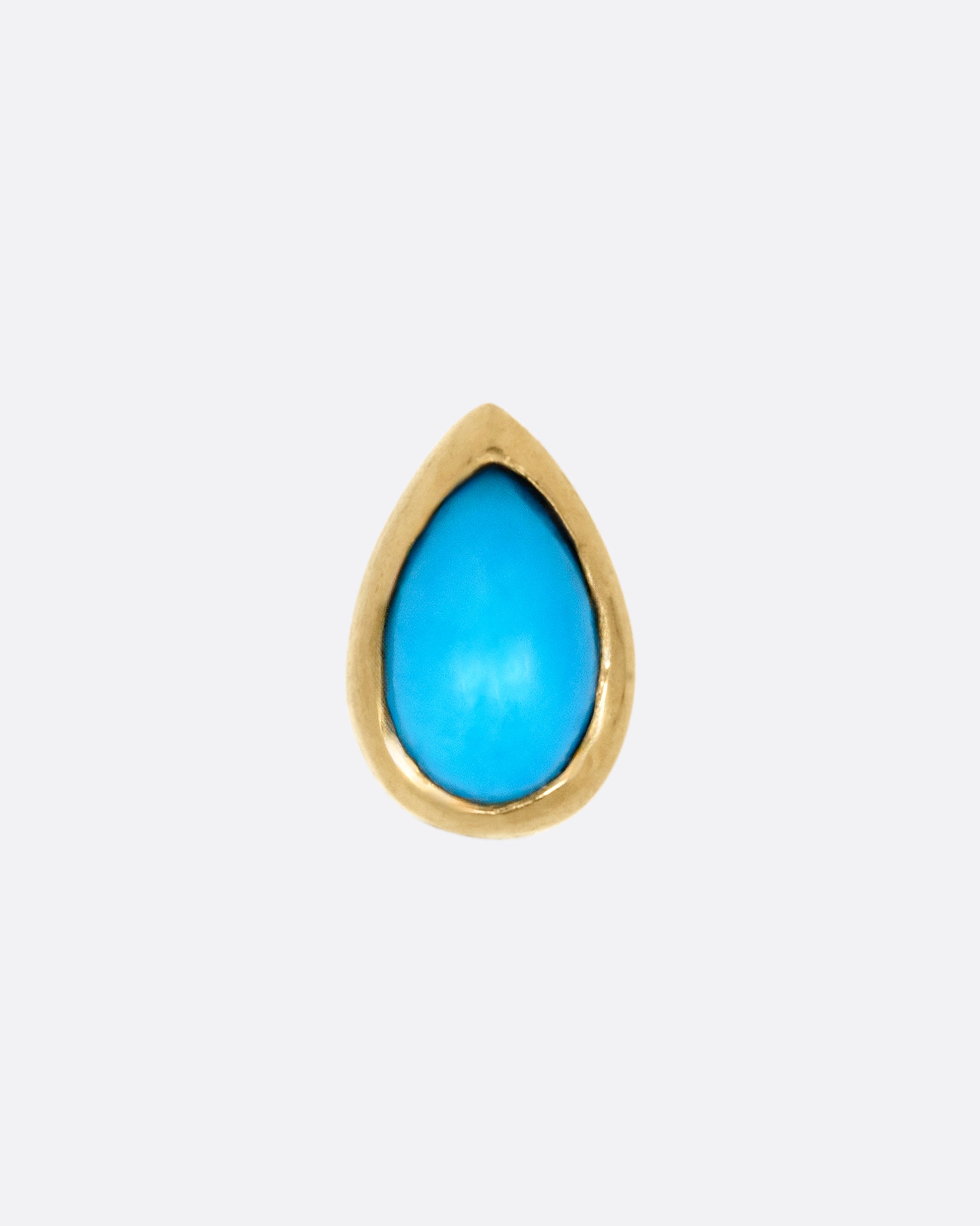 A yellow gold stud earring with a pear shaped bezel set turquoise. Shown from the front.