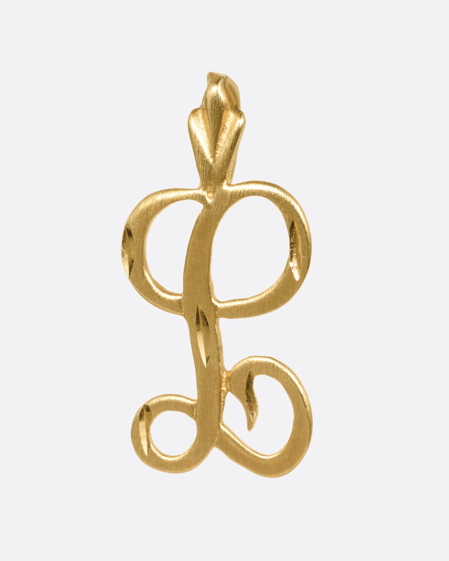 A curling initial 'L' charm, shown from the front.