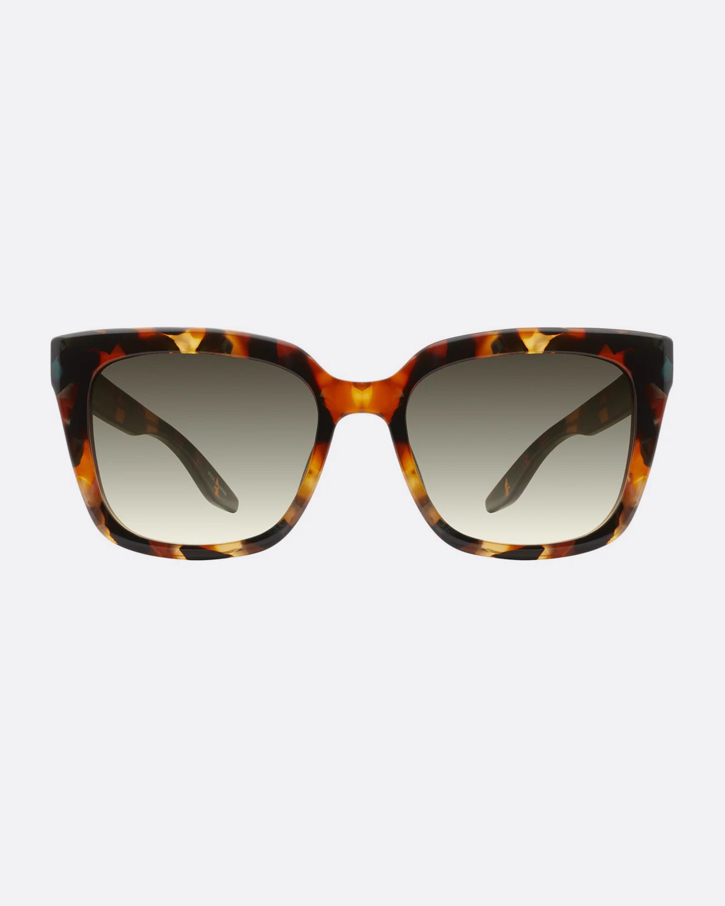 A pair of sunglasses with thick, squared tortoiseshell frames and olive gradient lenses. Shown from the front.