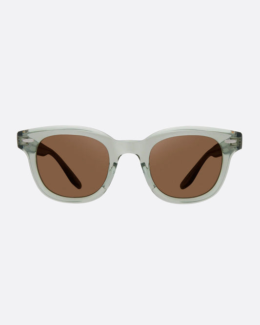 A pair of grey-green acetate wayfarer sunglasses with brown lenses.