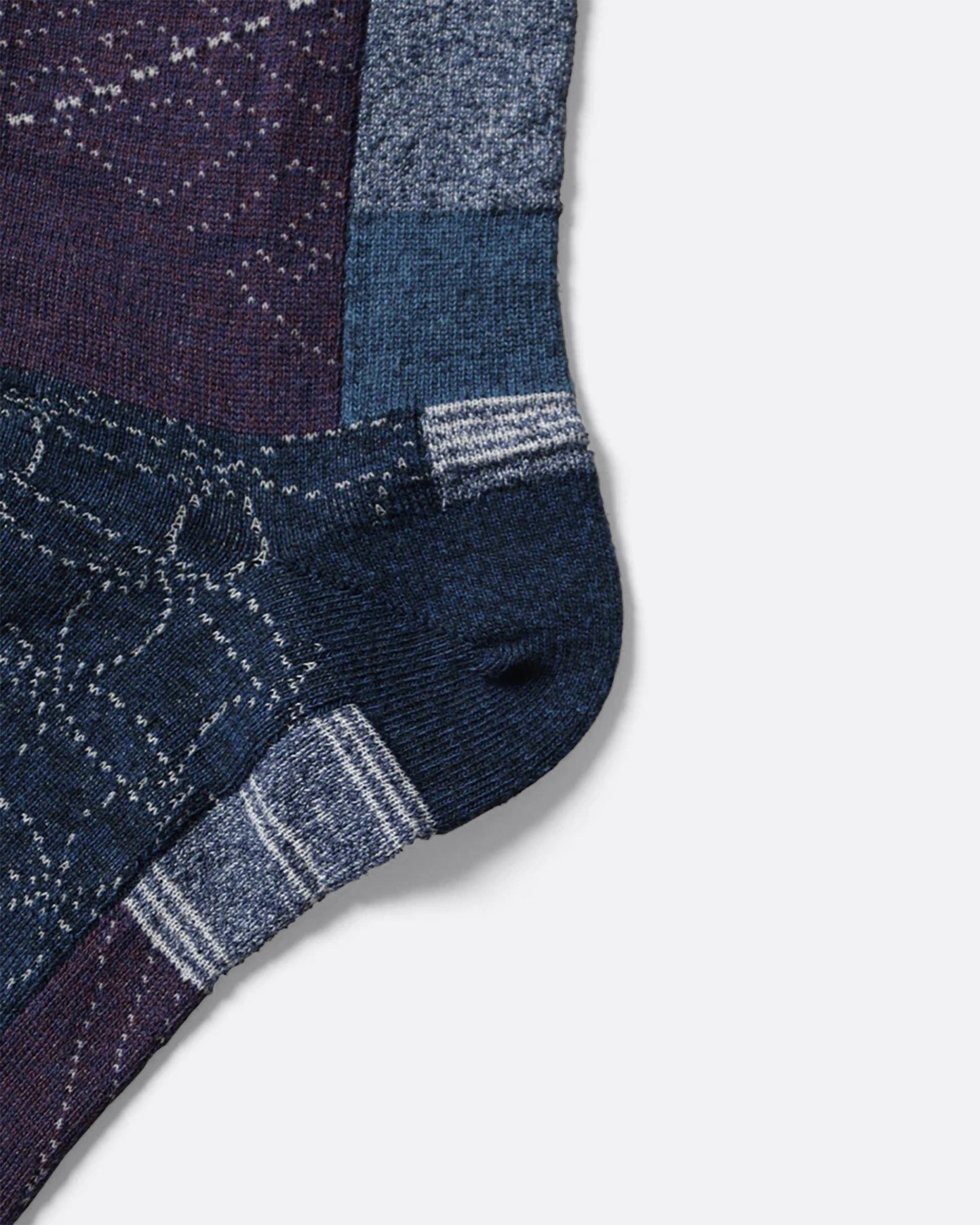 A close up of a the heel of a blue sock with an all- over patchwork motif. Shown lying flat from the side.