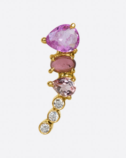An exceptional pink and purple sapphire and tourmaline earring that elegantly tapers to a diamond tail. 