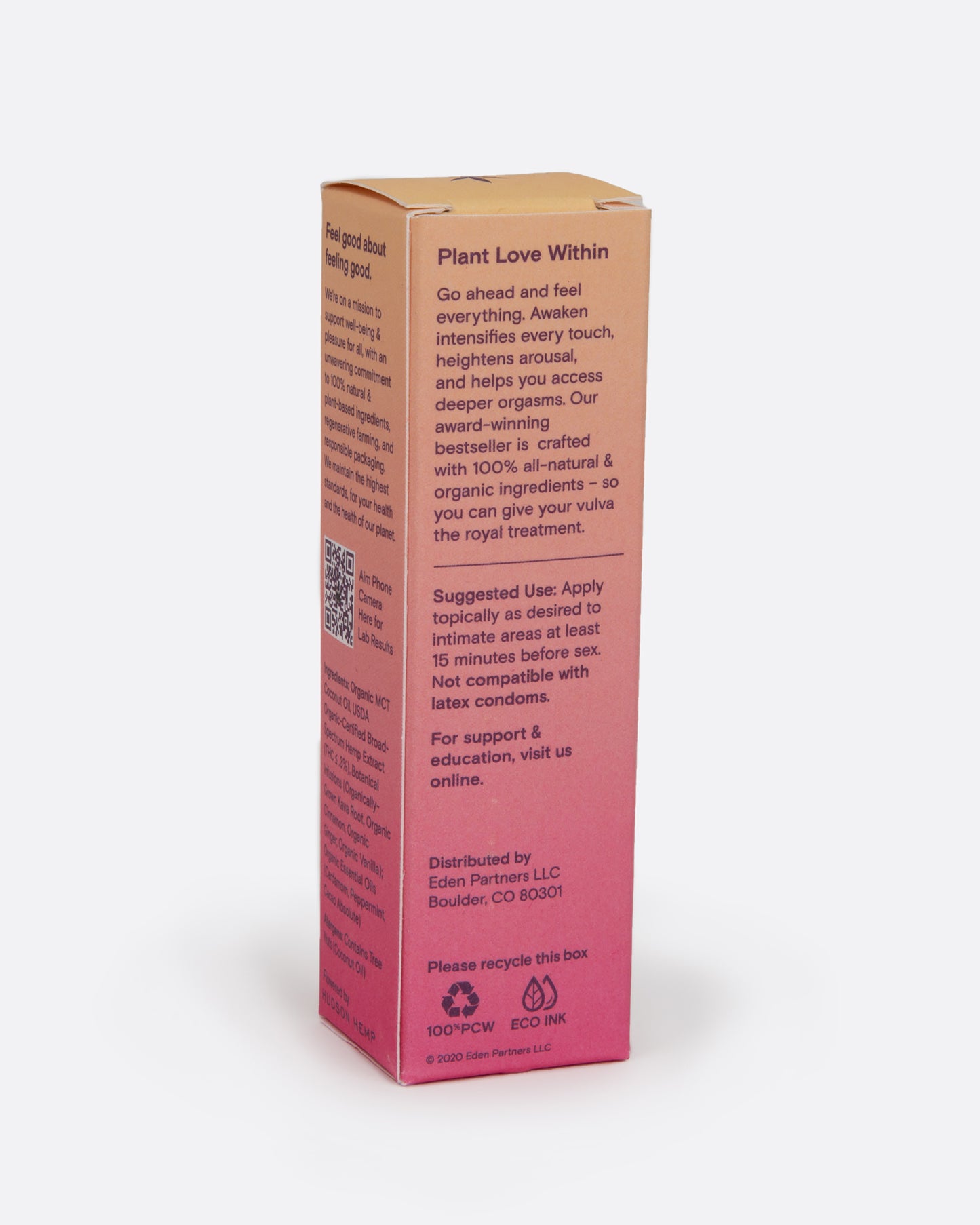 A Foria CBD Awaken Arousal Oil box shown from the back.