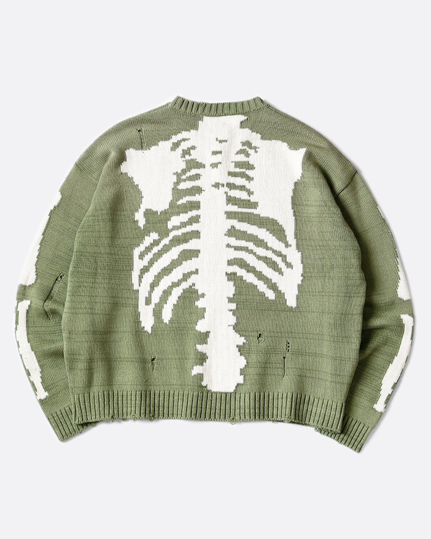 A distressed, sage green crewneck sweater with Kapital's beloved bone design on the back and sleeves.