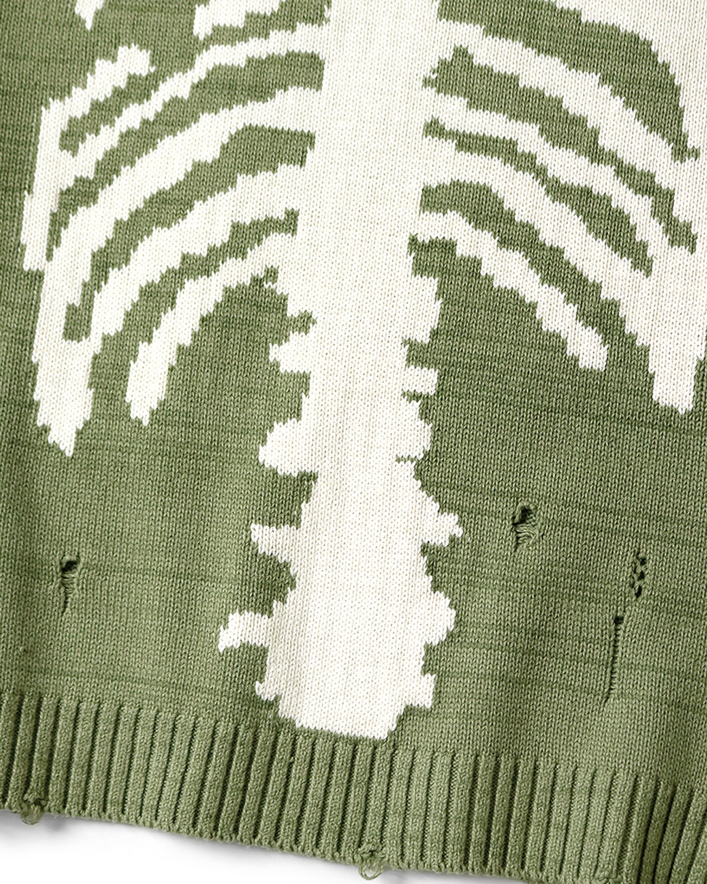 A distressed, sage green crewneck sweater with Kapital's beloved bone design on the back and sleeves.
