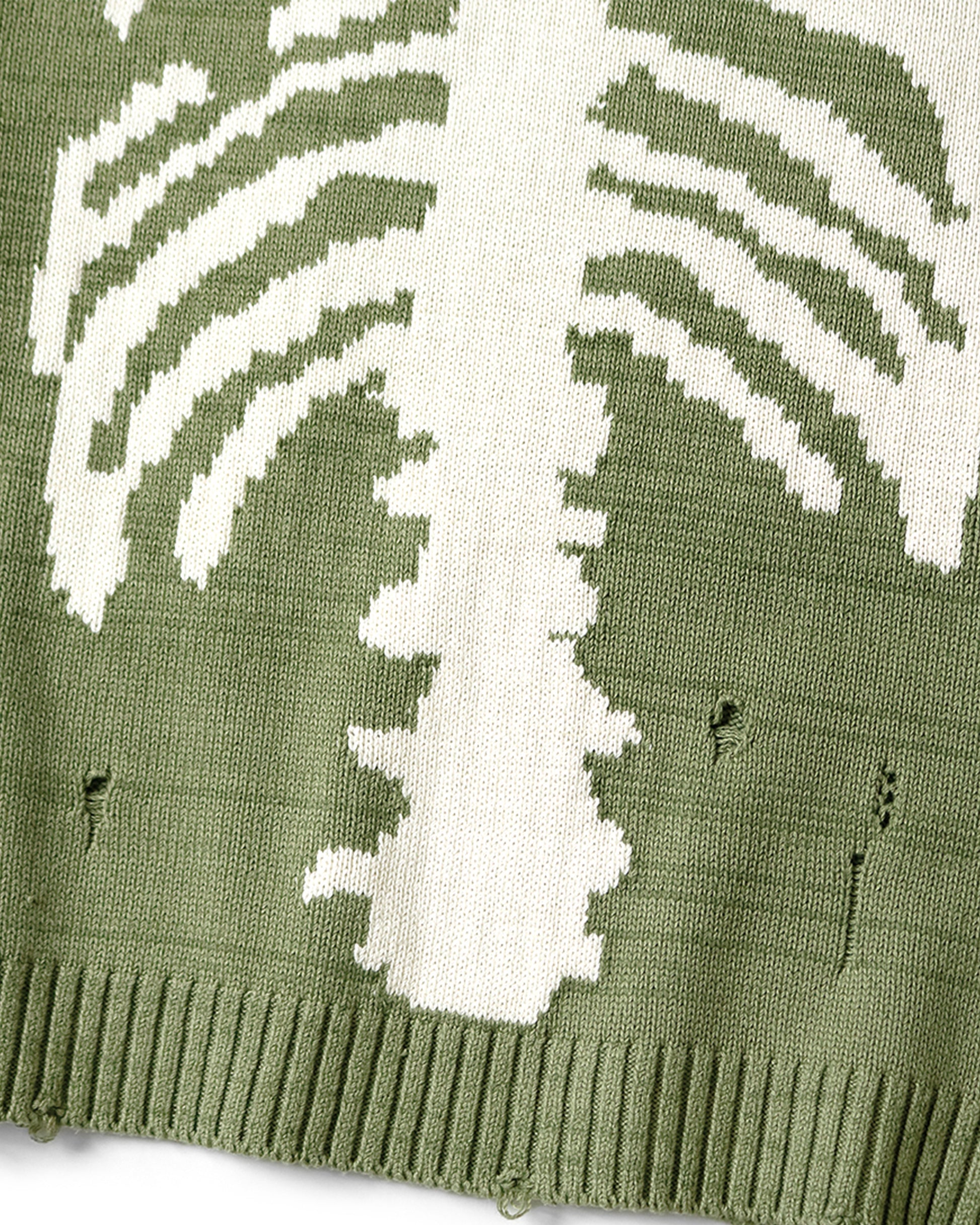 A distressed, sage green crewneck sweater with Kapital's beloved bone design on the back and sleeves. 