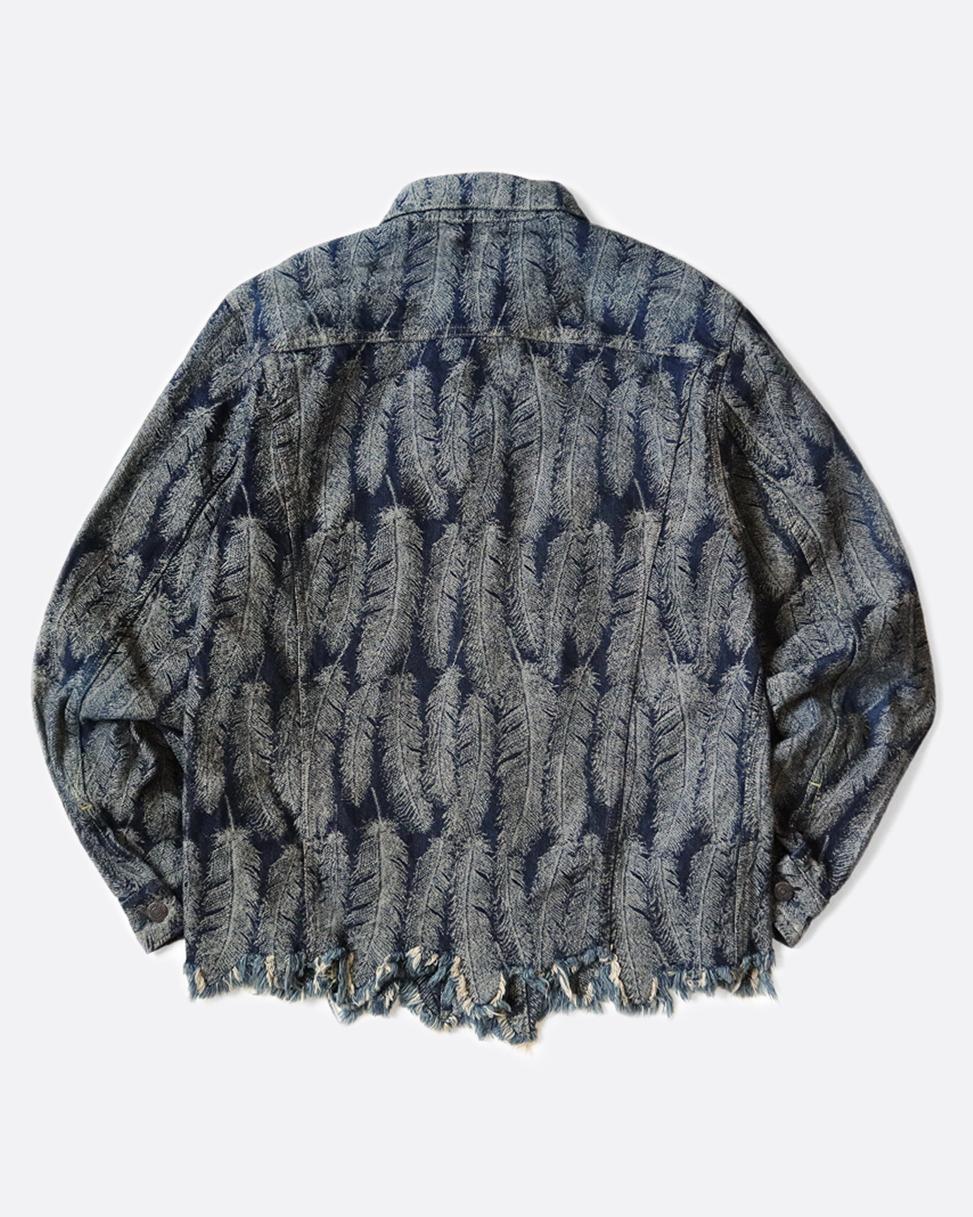 A Type III jacket made from denim jacquard with a 3D luxurious feather pattern and a fringy hem.