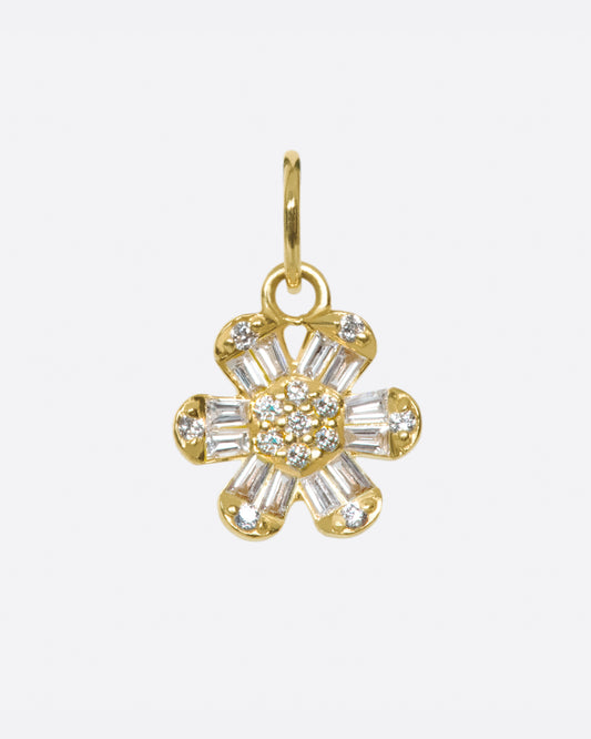 The petals of this diamond covered flower curve inward for maximum sparkle from every angle.