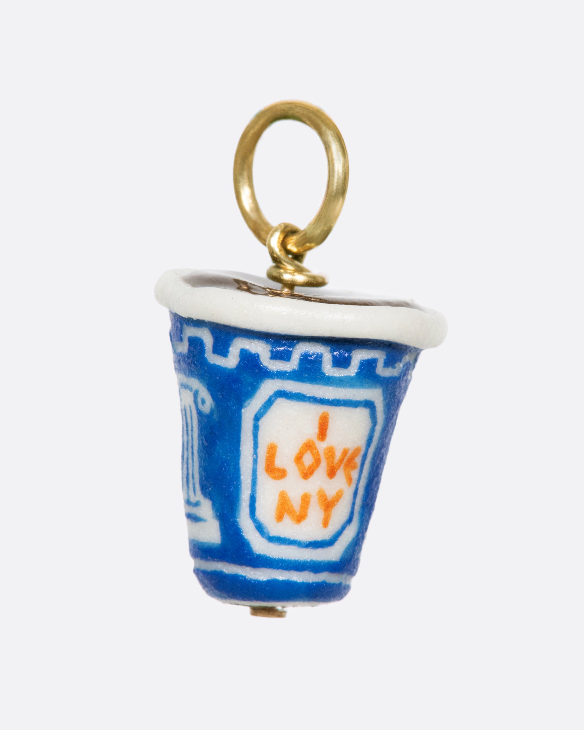 You can't get more NYC than this iconic to-go coffee cup. Look closely at this handmade and painted porcelain charm, and you'll find "I love NY" skillfully painted in tiny letters