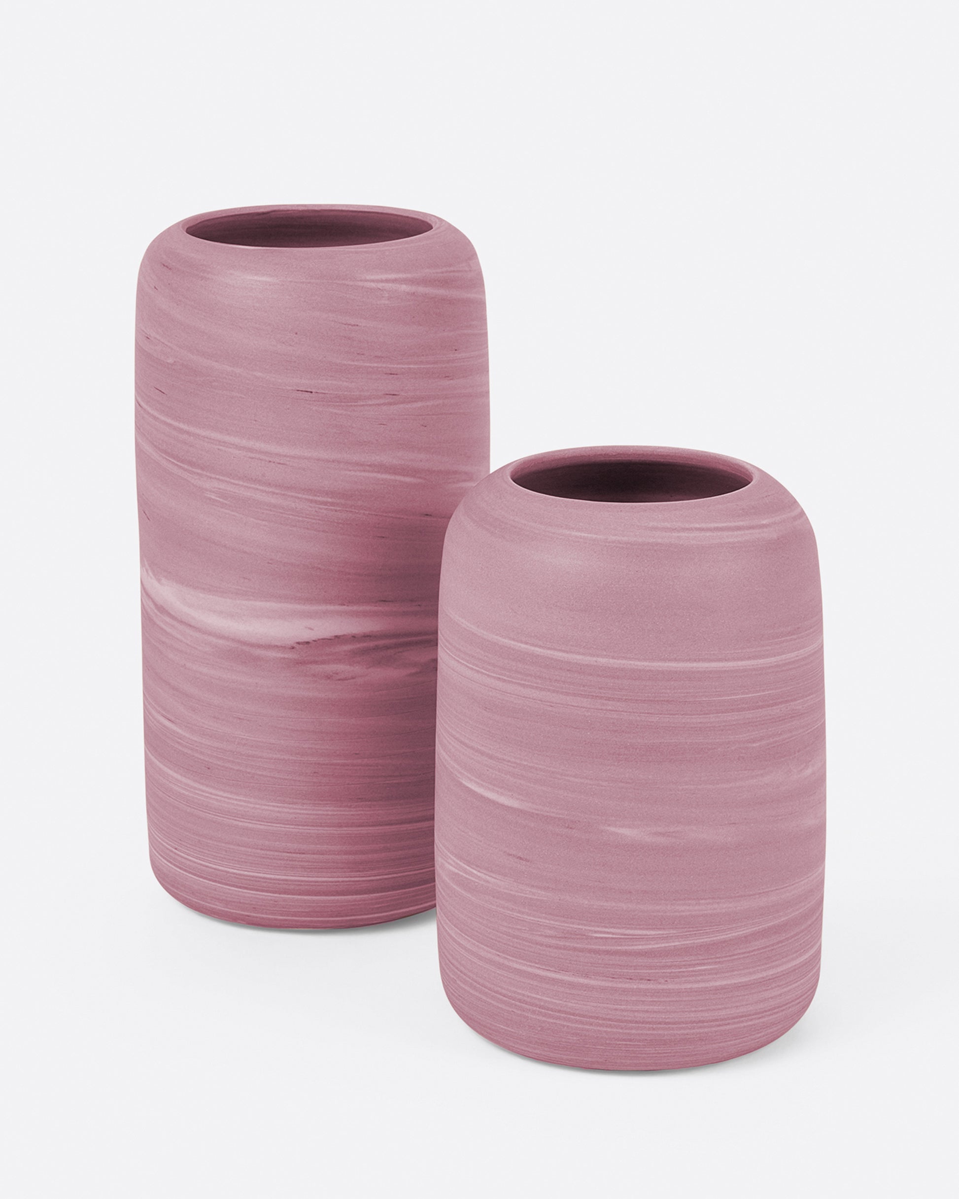 Two marbled purple and white porcelain vases, one small and one large. Shown from the front.