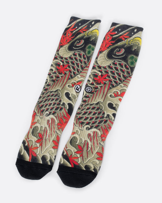 TTT beige, black and red socks with koi fish. View from the front.