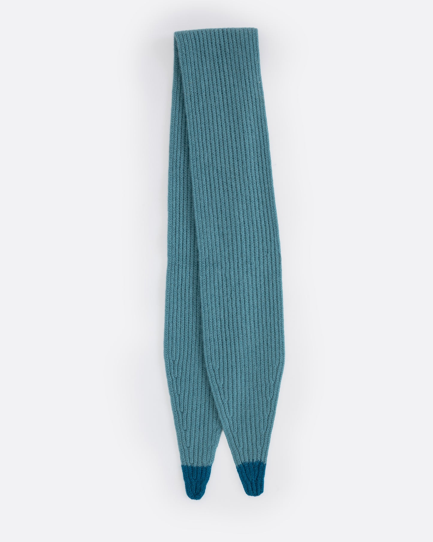 A teal cashmere scarf with blue tips, shown folded in half.