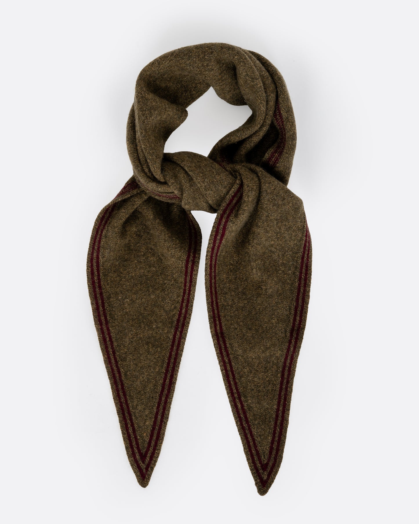 A cashmere olive green neck scarf with dark red edges, shown tied from the front.