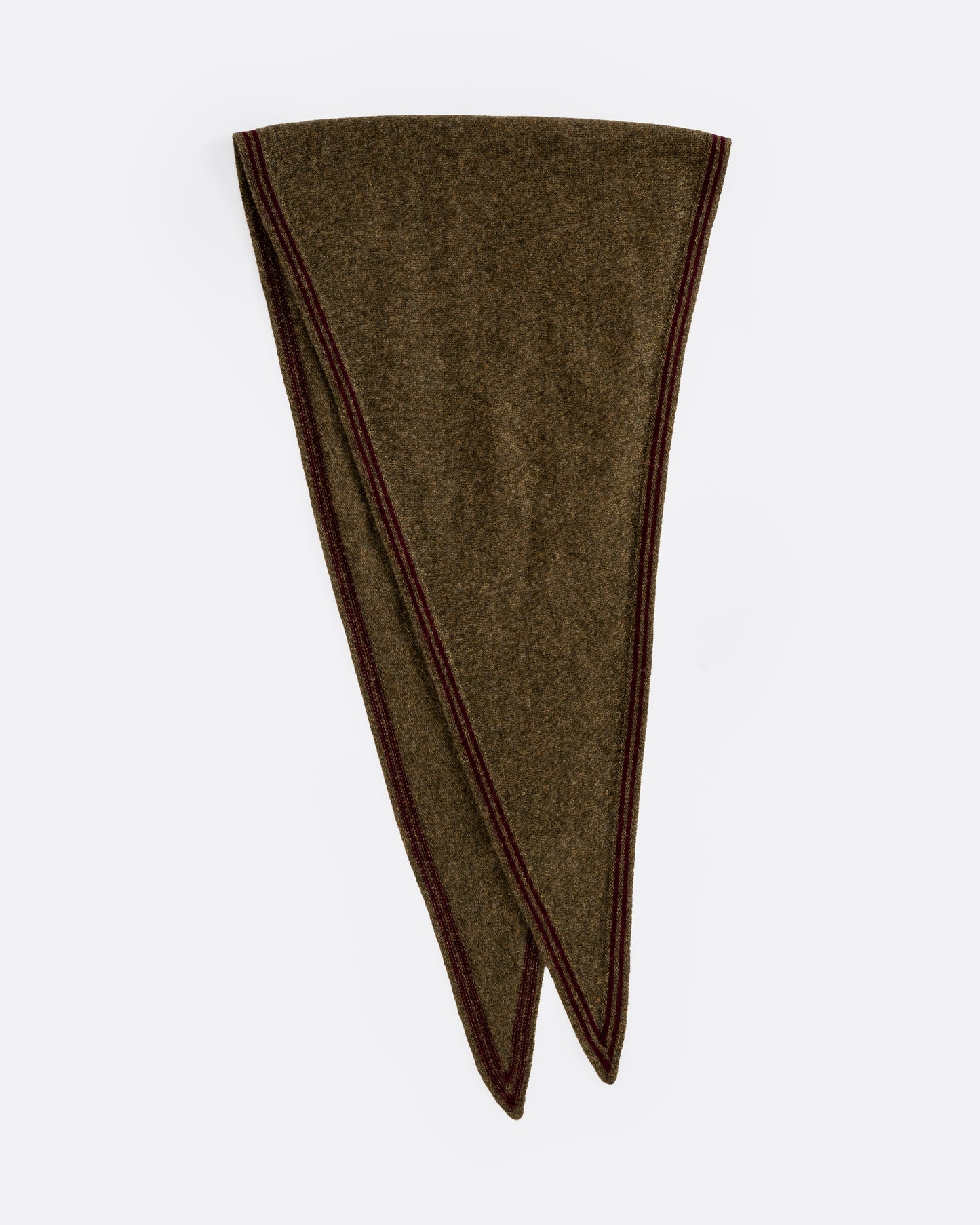 A cashmere olive green neck scarf with dark red edges, shown folded.