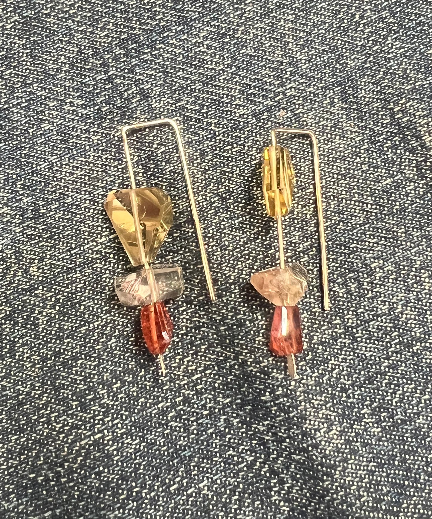 CHRISTINE FAIL 14K FAIRMINED YELLOW GOLD MEDIUM HOOK EARRINGS W/ OREGON SUNSTONE AND HESSONITE GARNET - 1 5/8 INCHES LONG - PAIR