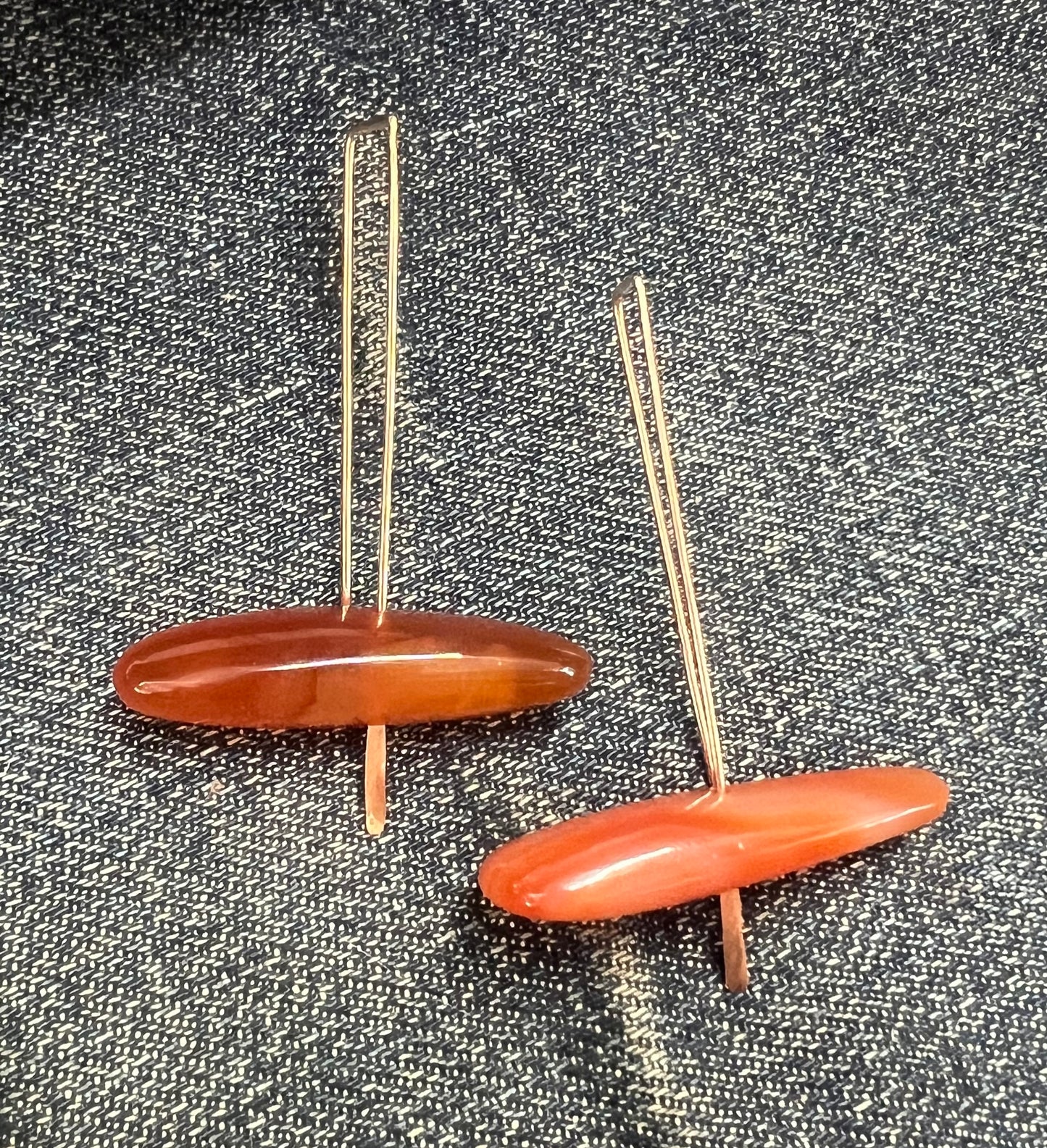 CHRISTINE FAIL 14K FAIRMINED YELLOW GOLD LARGE HOOK EARRINGS W/ CARNELIANS - 2 INCHES LONG - PAIR