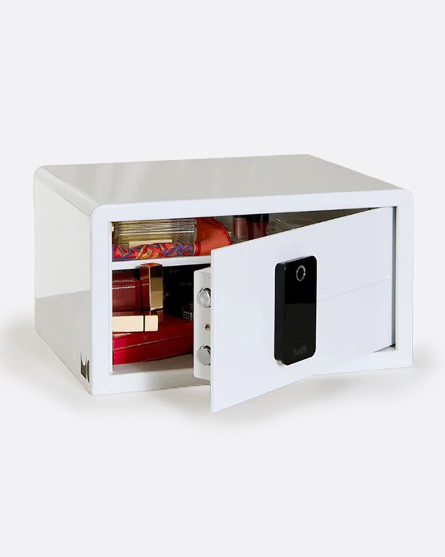 A white safe made of reinforced steel with a touchscreen keypad, shown from the front open with items inside.