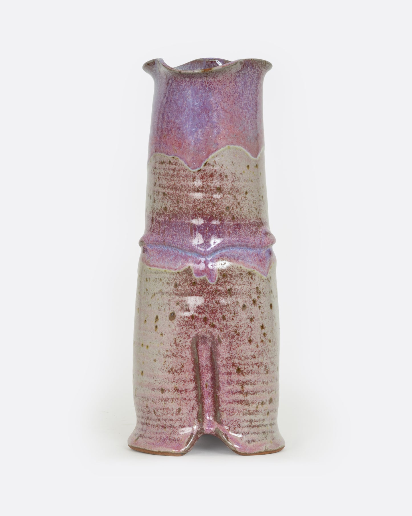 A tall ceramic vase with a tiered silhouette, fluted top, and gray and lavender color scheme. Shown from the front.