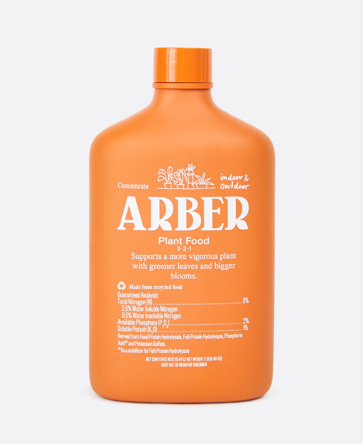 An orange bottle of Arber Plant Food with white lettering with plant food info. Shown from the front.
