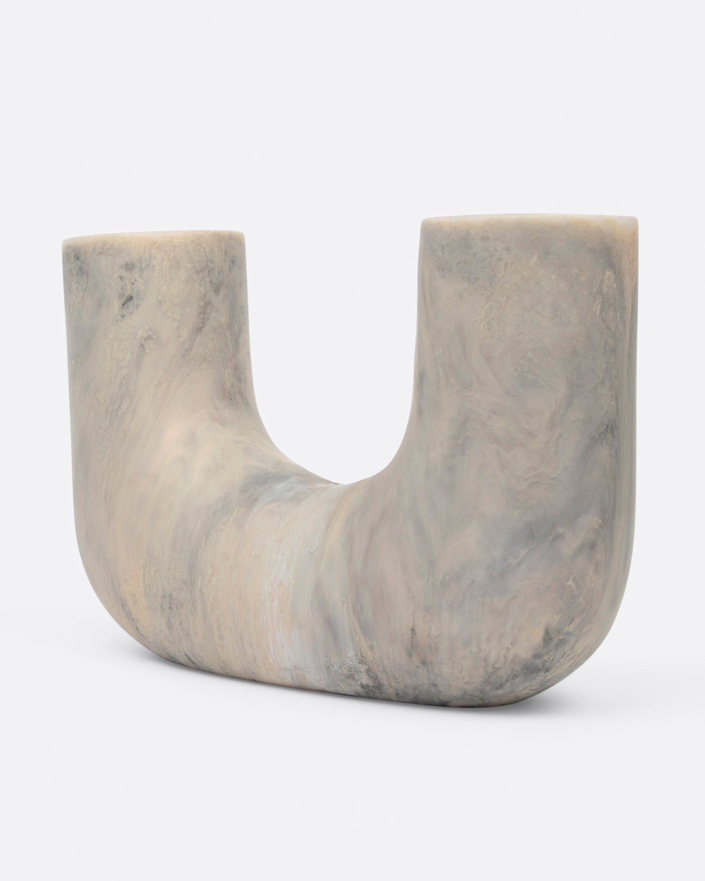 A swirled gray resin U-shaped vase with an opening on either side, shown from the side at an angle.