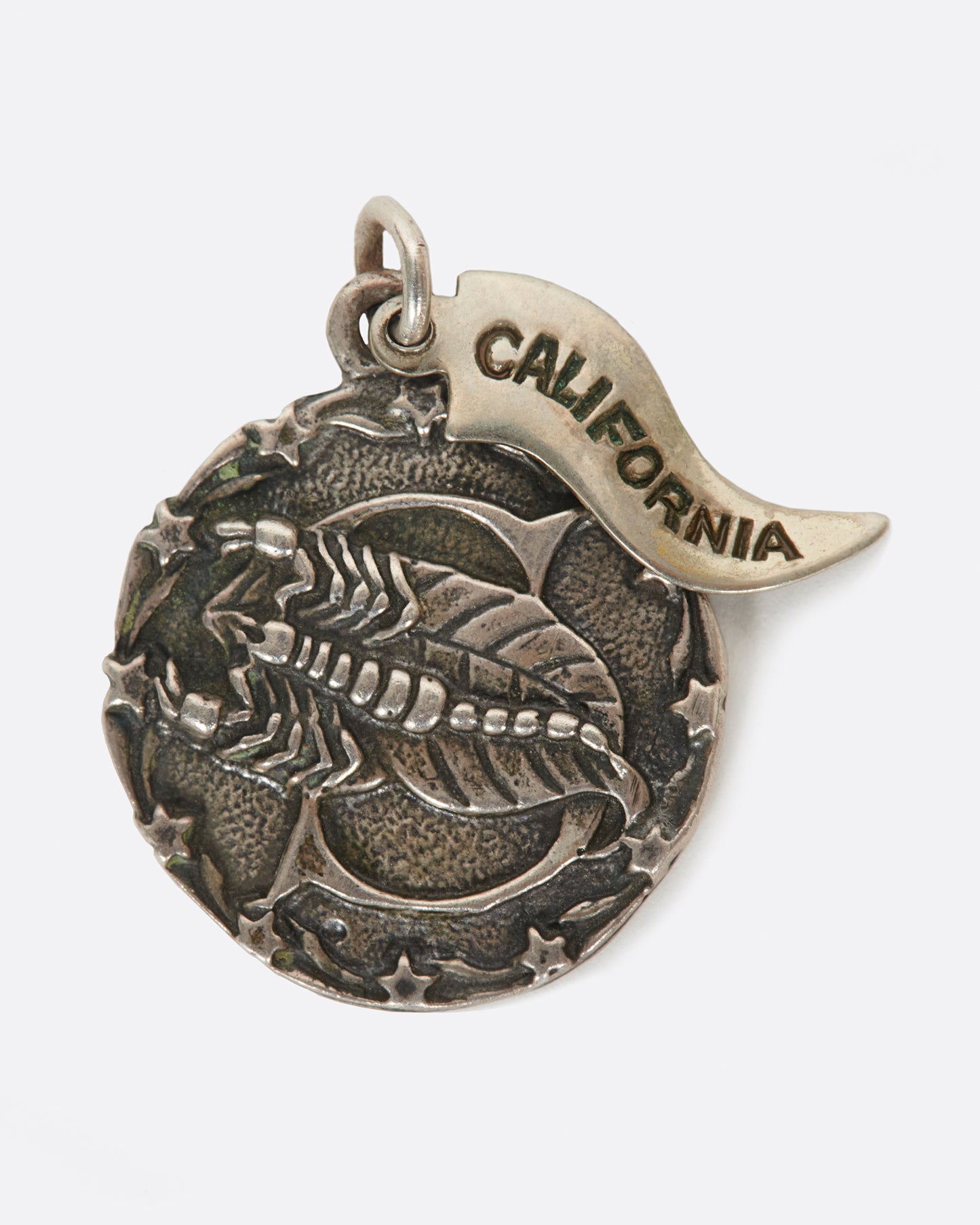A round medal pendant with your zodiac sign and a California pennant.