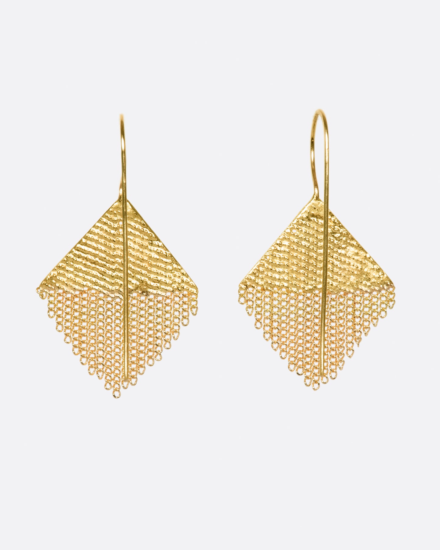 A pair of diamond-shaped gold earrings made from gold chain and solder. Shown from the back.