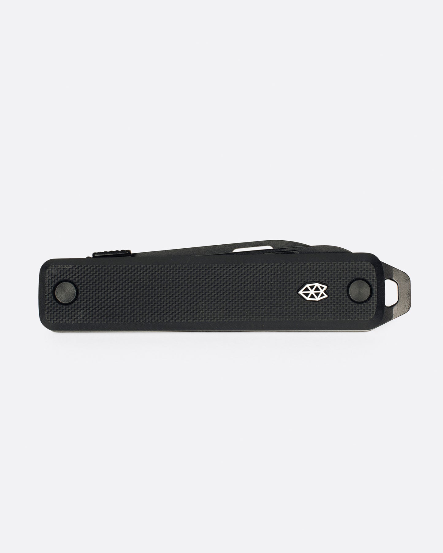 An all black pocket knife with a scissor attachment, shown closed from the side.