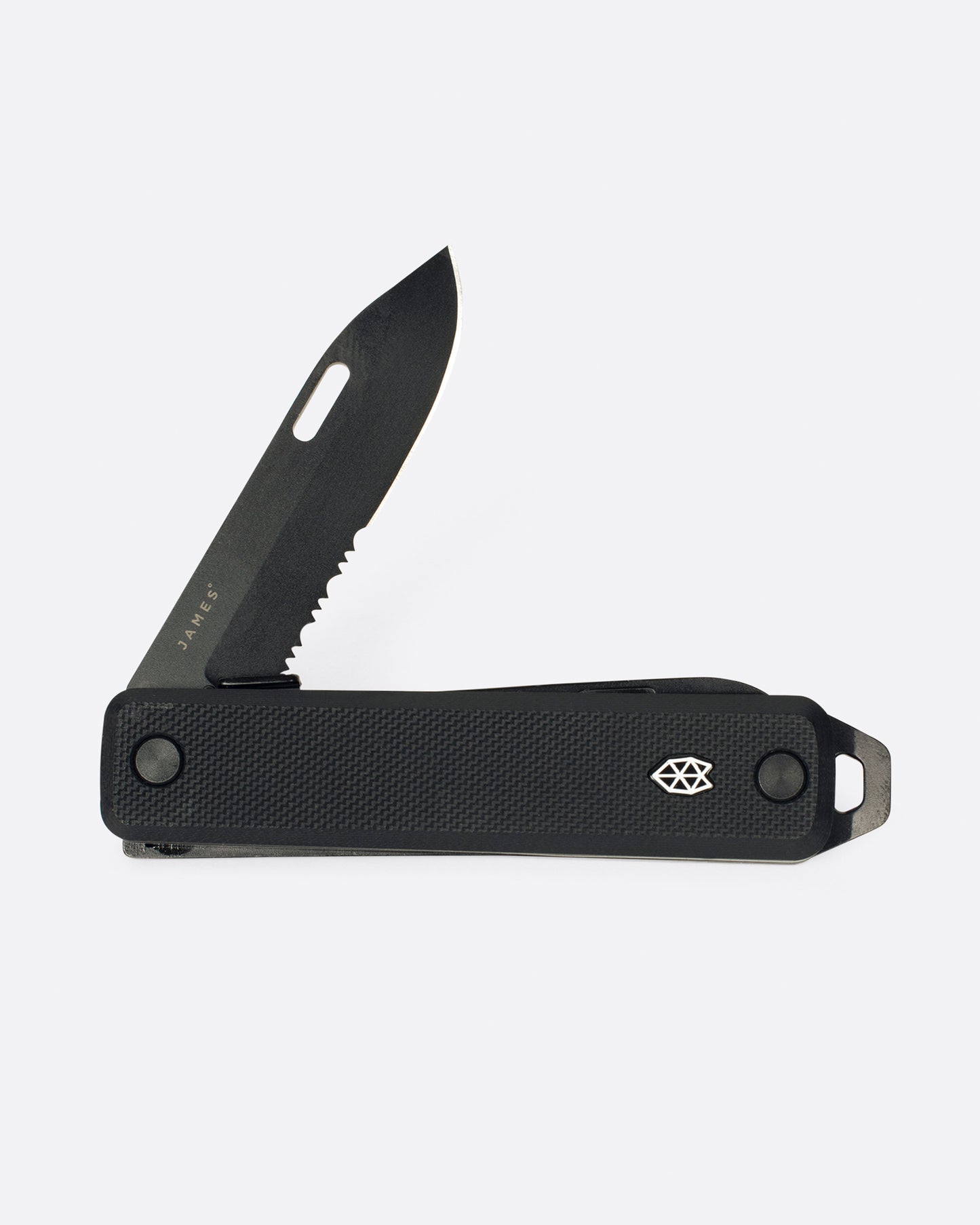 An all black pocket knife with a scissor attachment, shown open from the side.