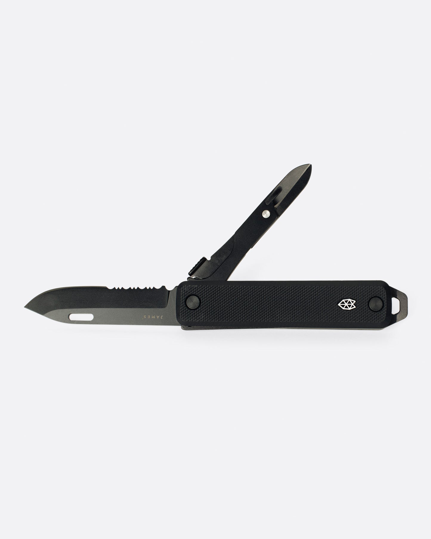 An all black pocket knife with a scissor attachment, shown open from the side.
