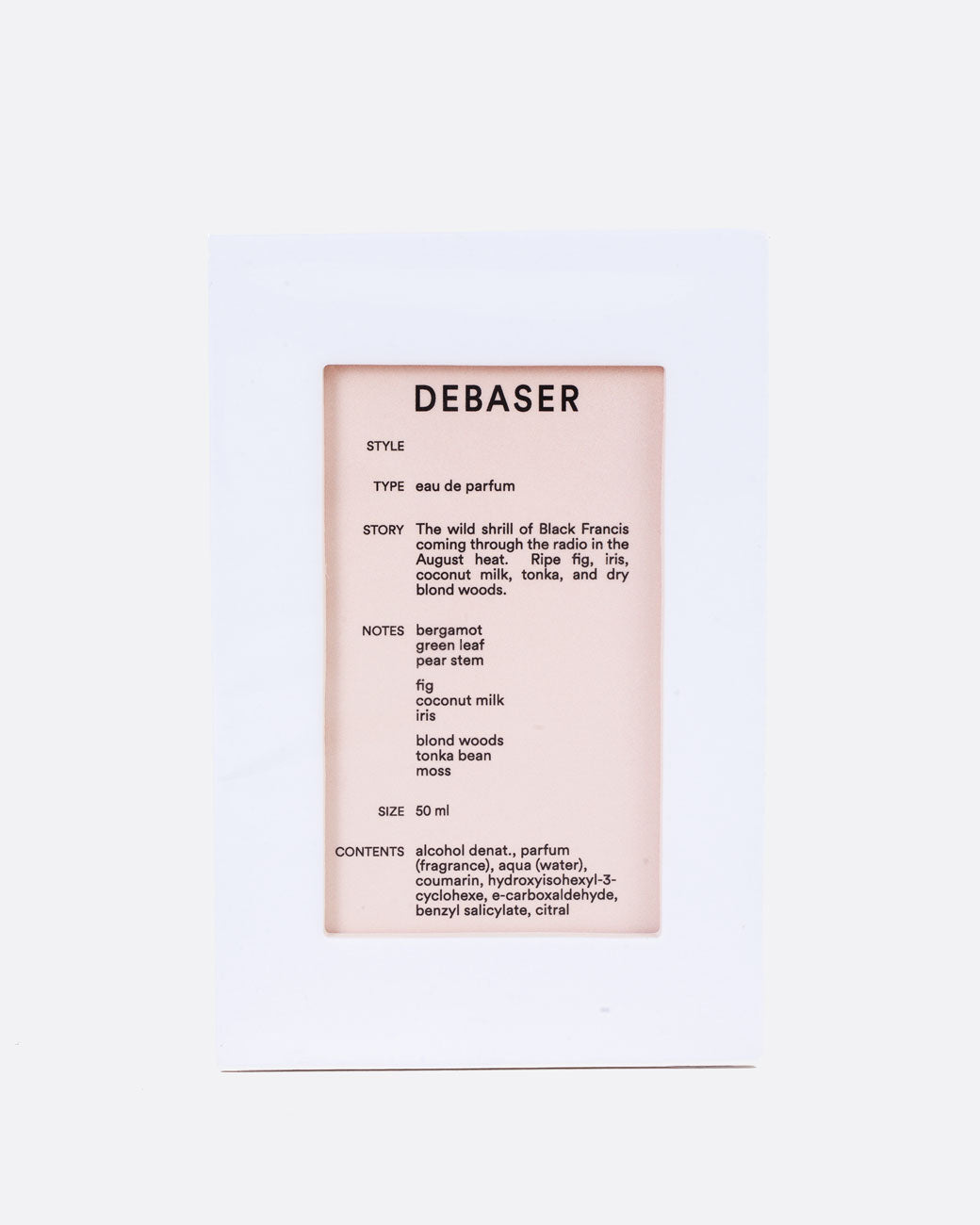 A white box with a cutout window showing product information of D.S. & Durga Eau De Parfum: Debaser. Shown from the front.
