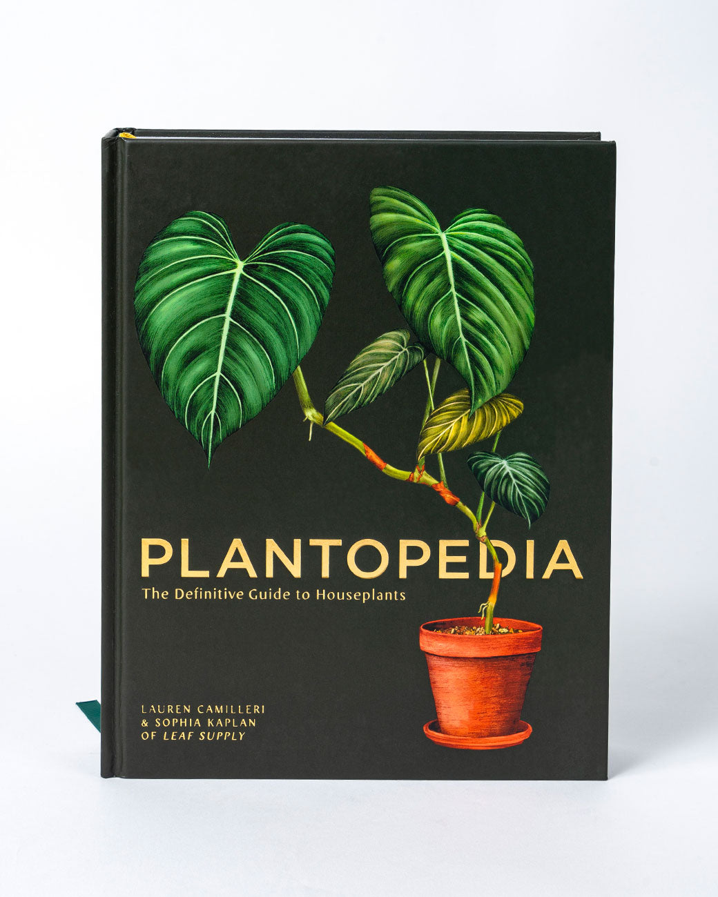 The front cover of the Plantopedia book with an image of a potted plant and "PLANTOPEDIA The Definitive Guide to Houseplants" on it. Shown standing up from the front.