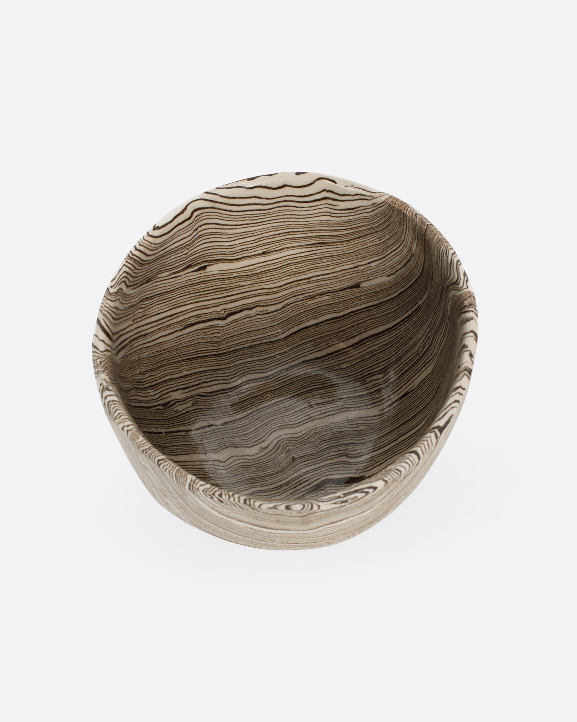 Small brown and white stoneware nerikomi bowl. Shown from the top.