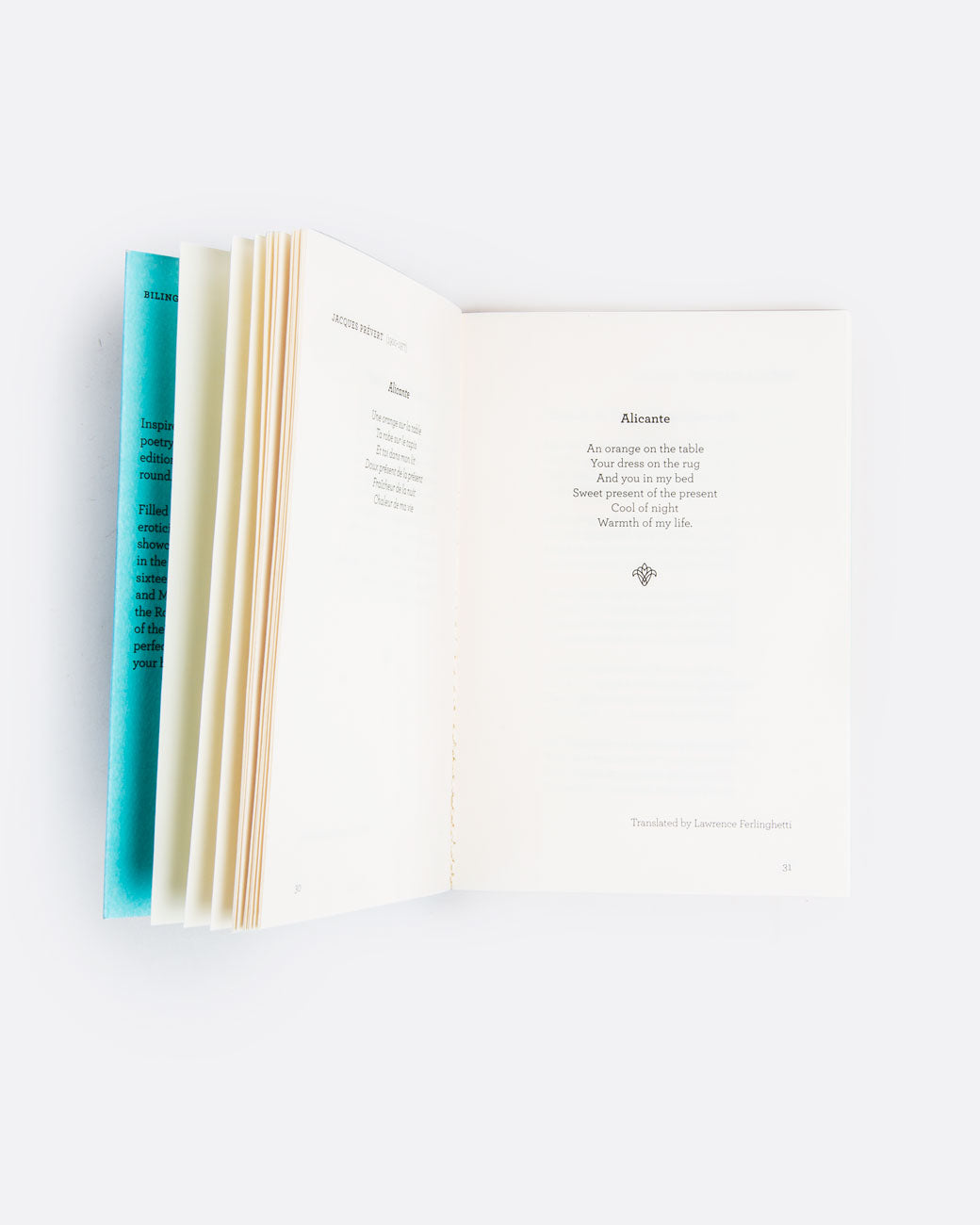 A light blue paperback book open with a poem on each page. Shown lying down.
