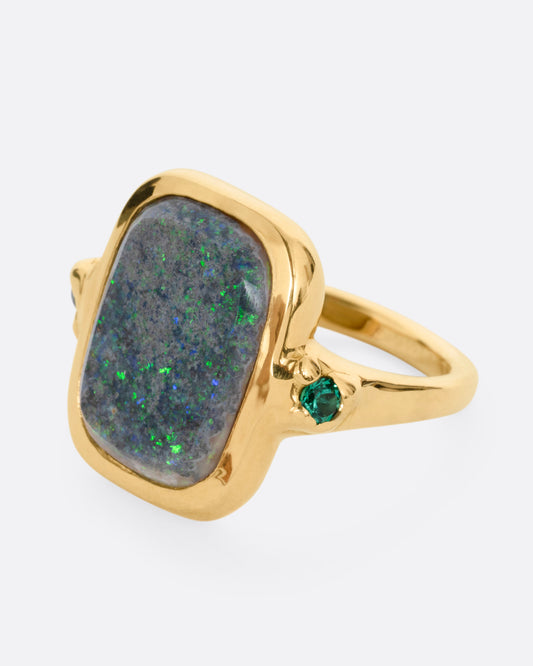 Galactica Boulder Opal and Emerald Ring