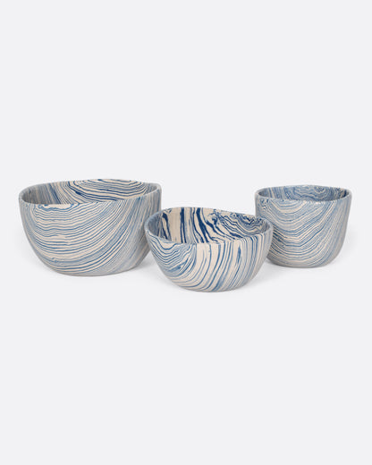 Blue and cream marbled ceramic bowl, shown with the other sizes