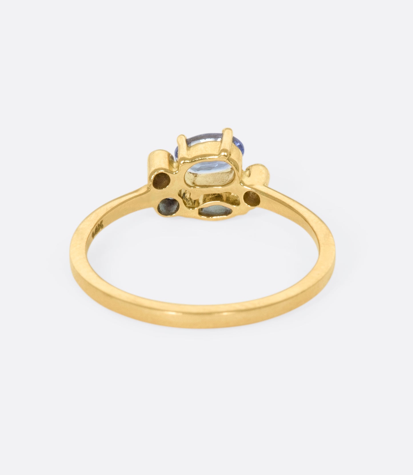 A graceful forget-me-not ring with sapphires, kyanites, and round diamonds on a delicate gold band