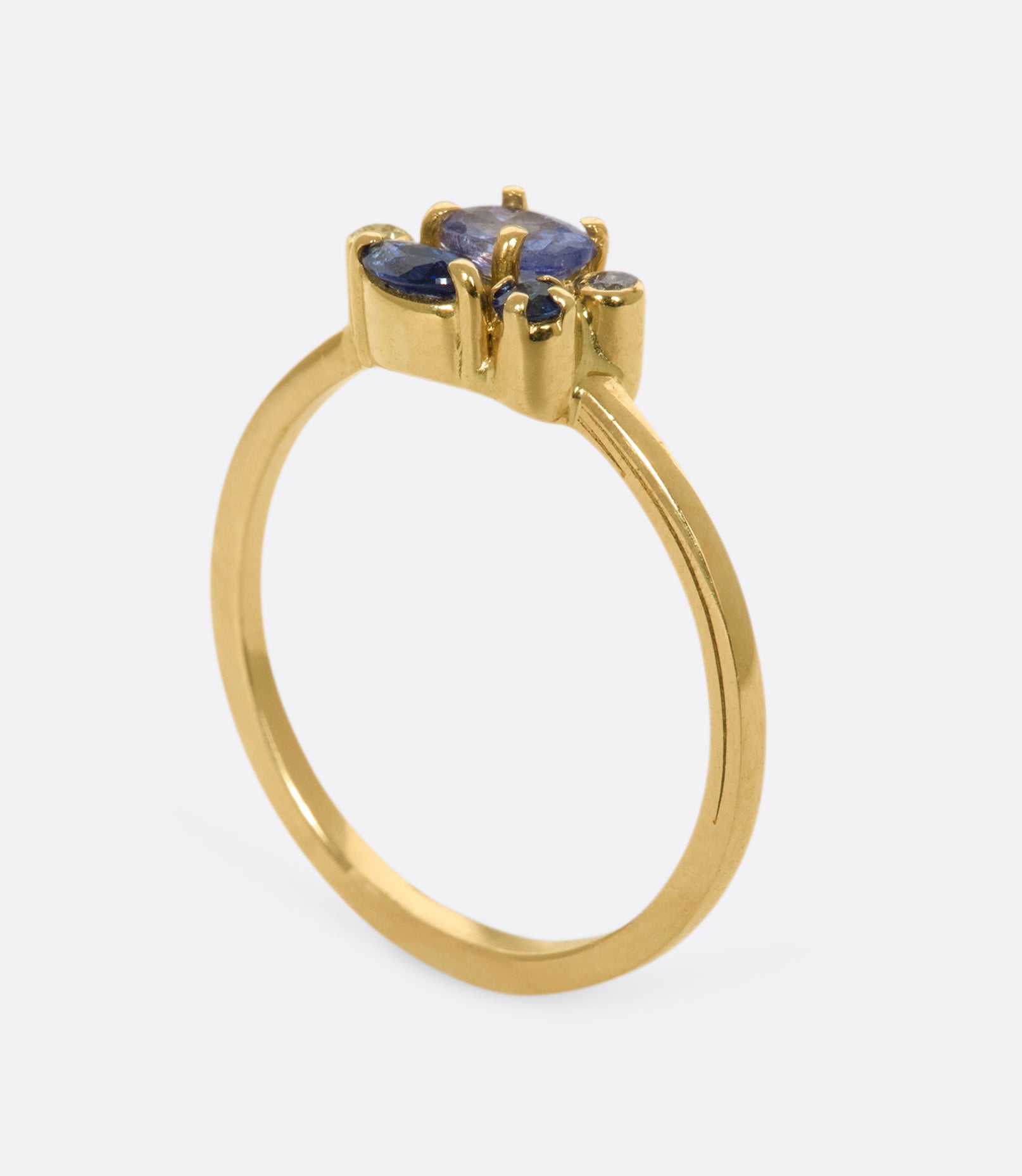 A graceful forget-me-not ring with sapphires, kyanites, and round diamonds on a delicate gold band