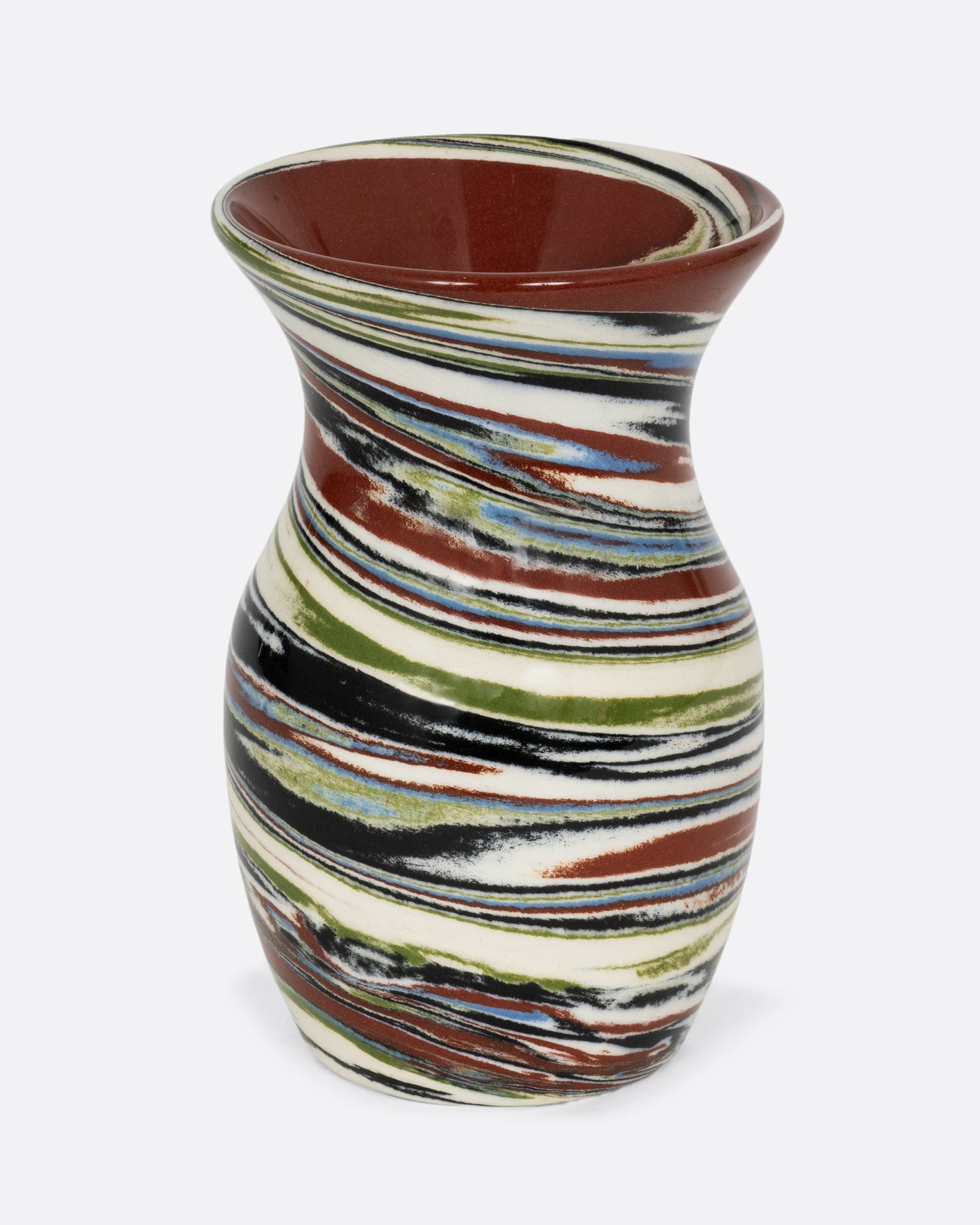 A multicolor earth tone swirled Nerikomi vase. Shown from the front.