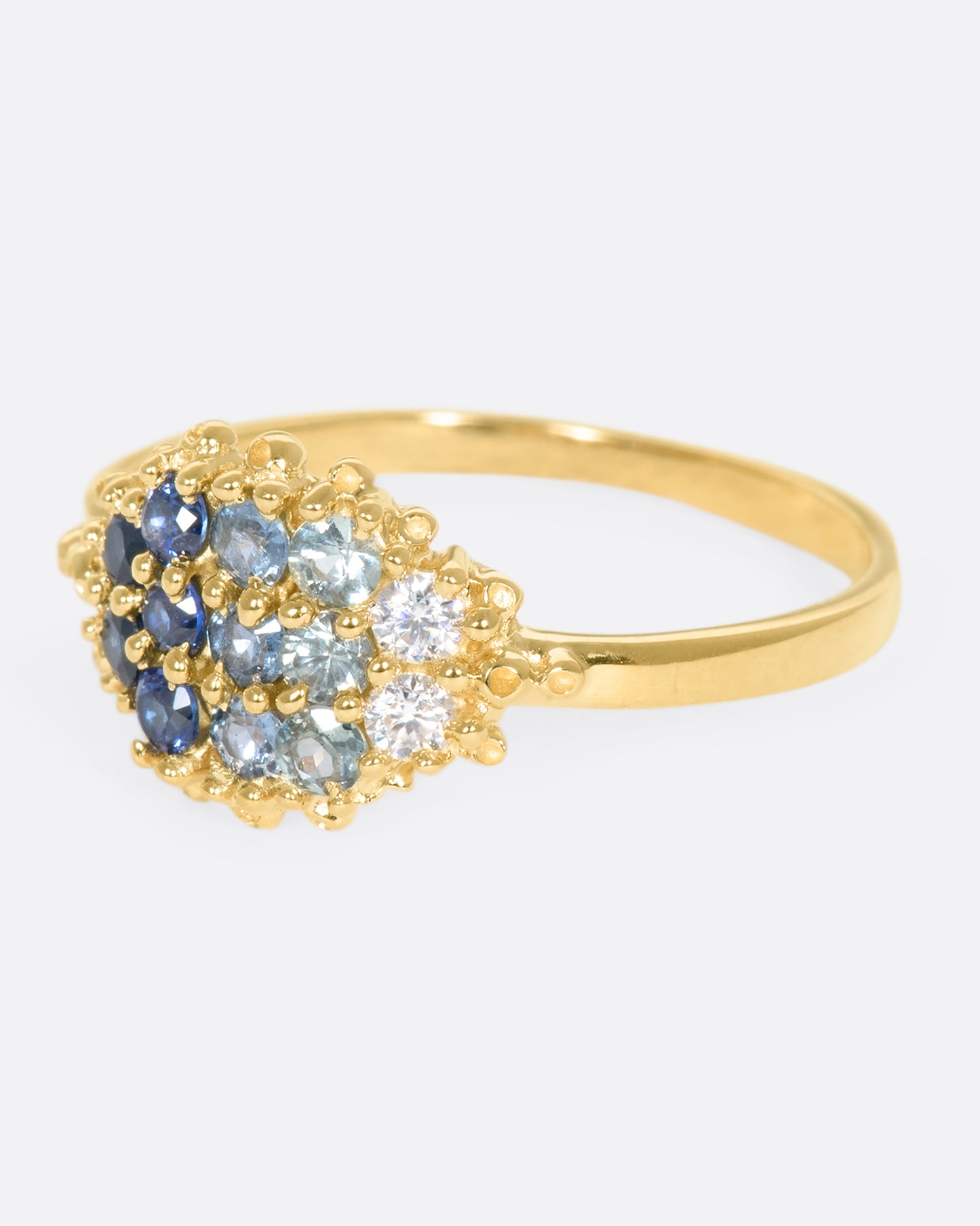 A left side view of a yellow gold ring with 12 sapphires in a range of blue shades.