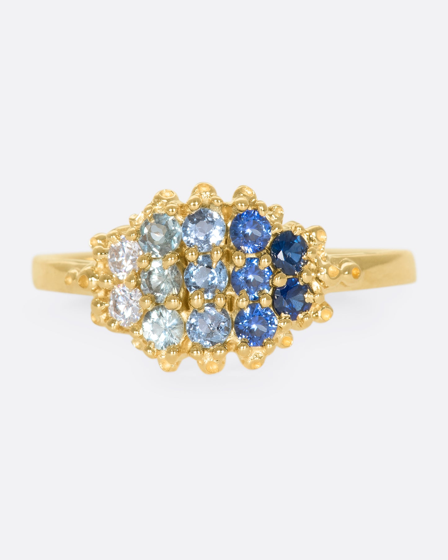 A close up of the face of a yellow gold ring with 12 sapphires in a range of blue shades.