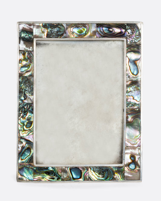 A silver rectangular picture frame with abalone inlay. Shown from the front.