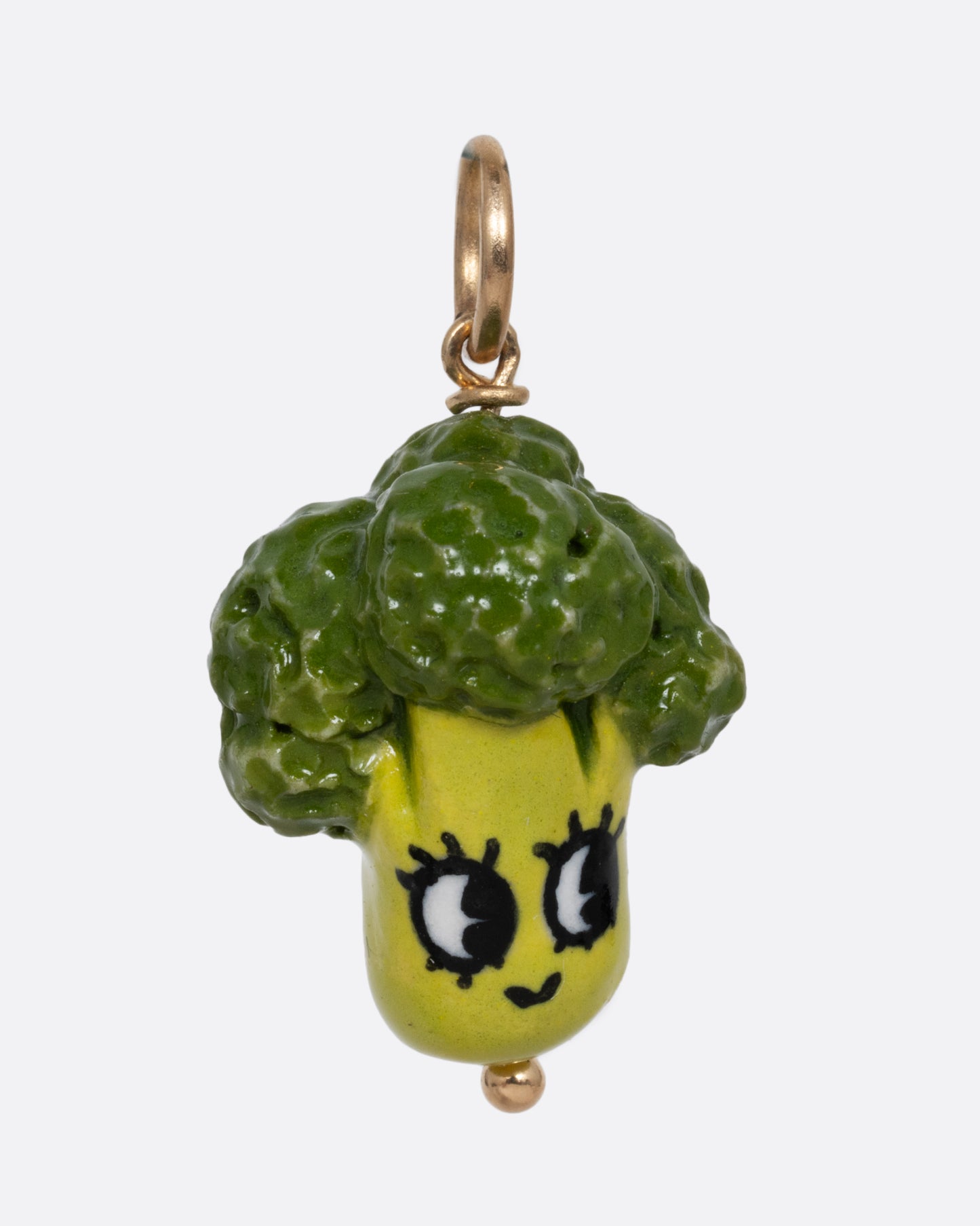 A green broccoli porcelain charm with a yellow gold bail. Shown from the front.