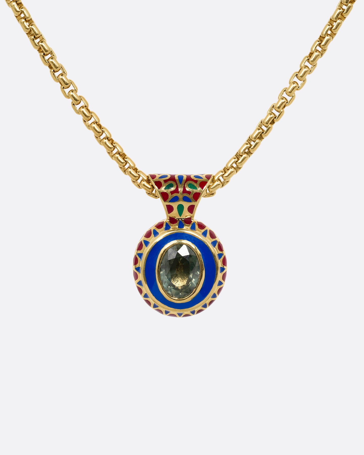 yellow gold green sapphire pendant with enamel shown from the front