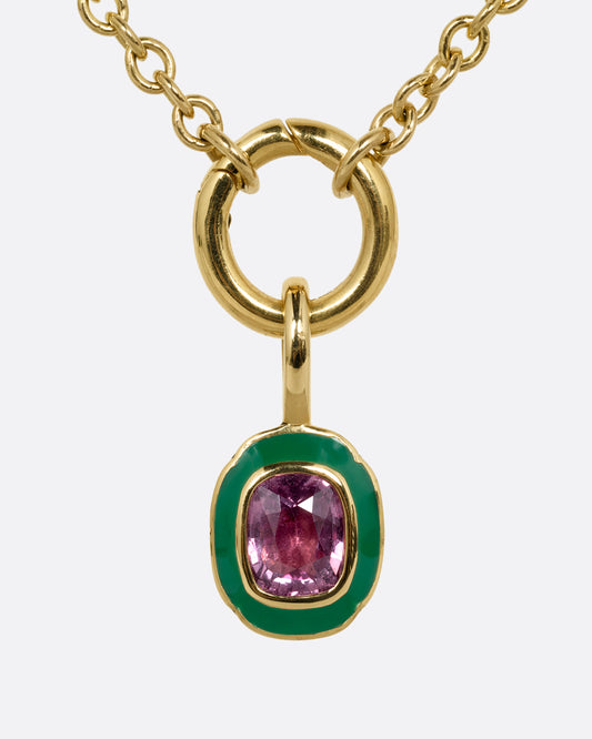 yellow gold pink sapphire pendant with enamel shown from the front 