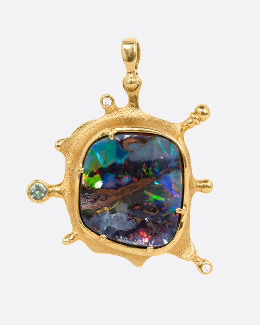 Boulder Opal, Diamond, and Sapphire Pendant